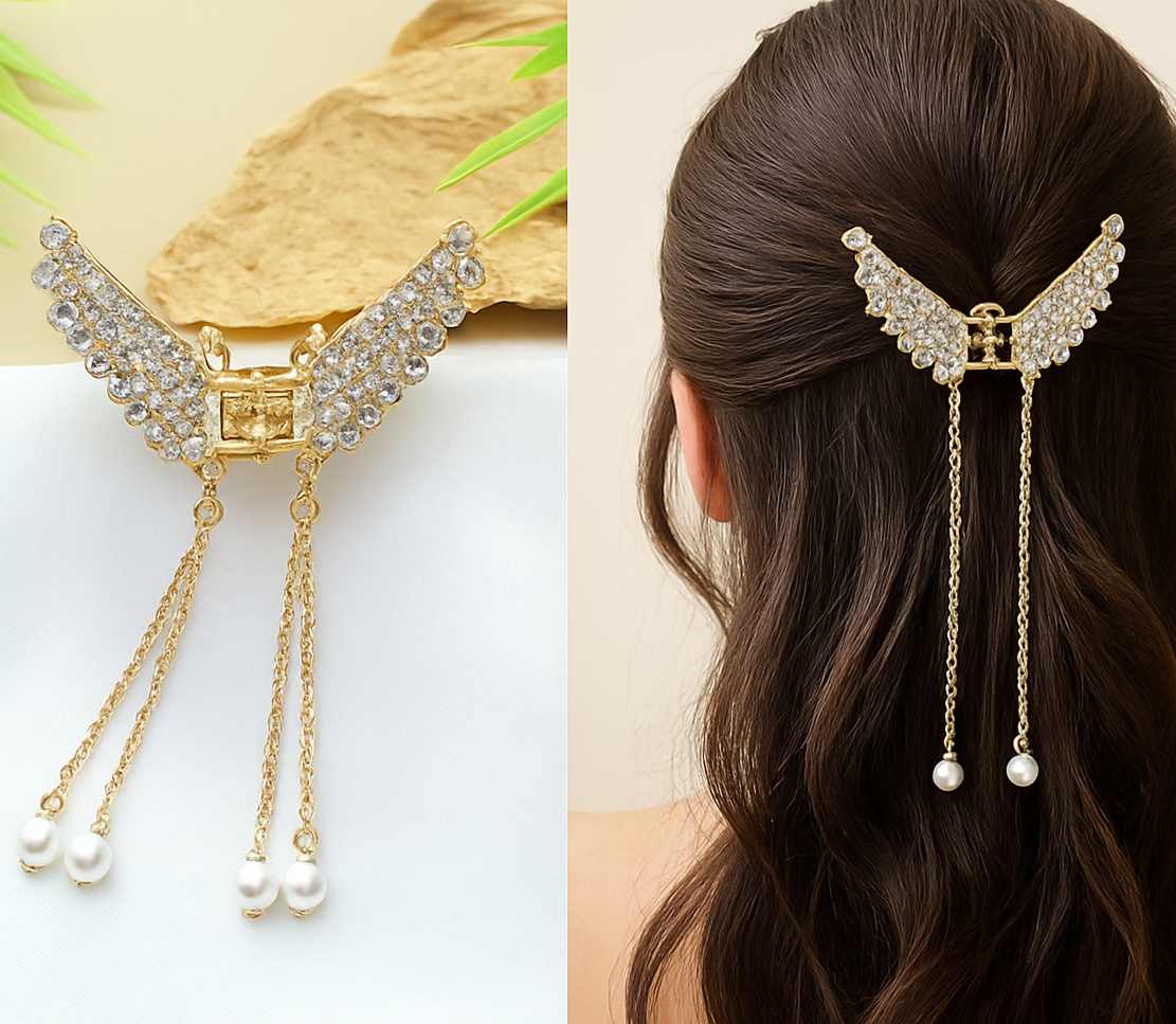 Rhinestone Pearl Angel Wings Design Hair Claw Clip