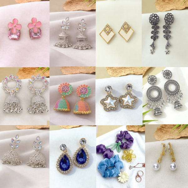 Special deal combo–  11 Stylish Jhumkas +2 Rings & 1 Hair Accessories + 1 Scrunchies + 2 FREE Gifts